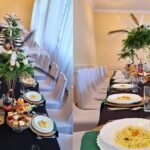 Dekoracja stołów czarno-złoto-zielona