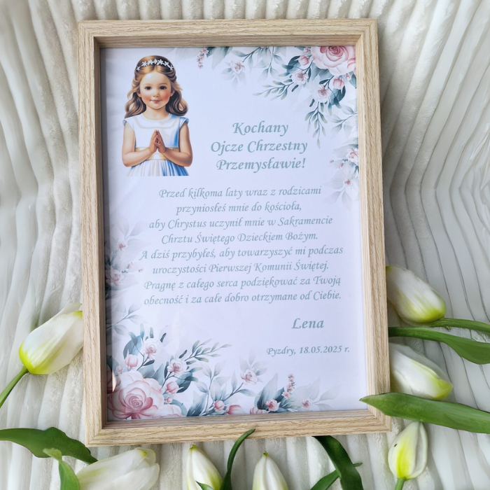 Podziękowanie dla chrzestnych w drewnianej ramce na komunię 2