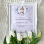 Podziękowanie dla chrzestnych w ramce na komunię kolor fioletowy