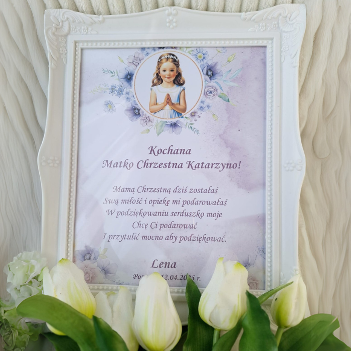 Podziękowanie dla chrzestnych w ramce na komunię kolor fioletowy 2