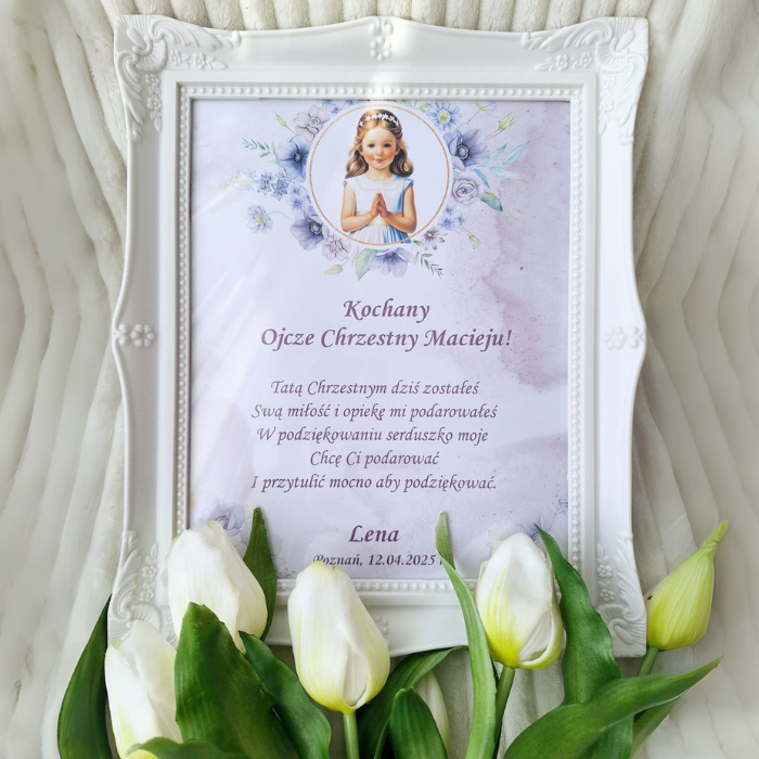 Podziękowanie dla chrzestnych w ramce na komunię kolor fioletowy