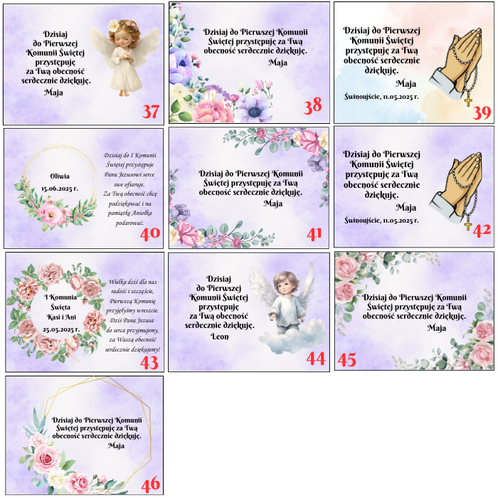 Podziękowanie na komunię fioletowe wzory