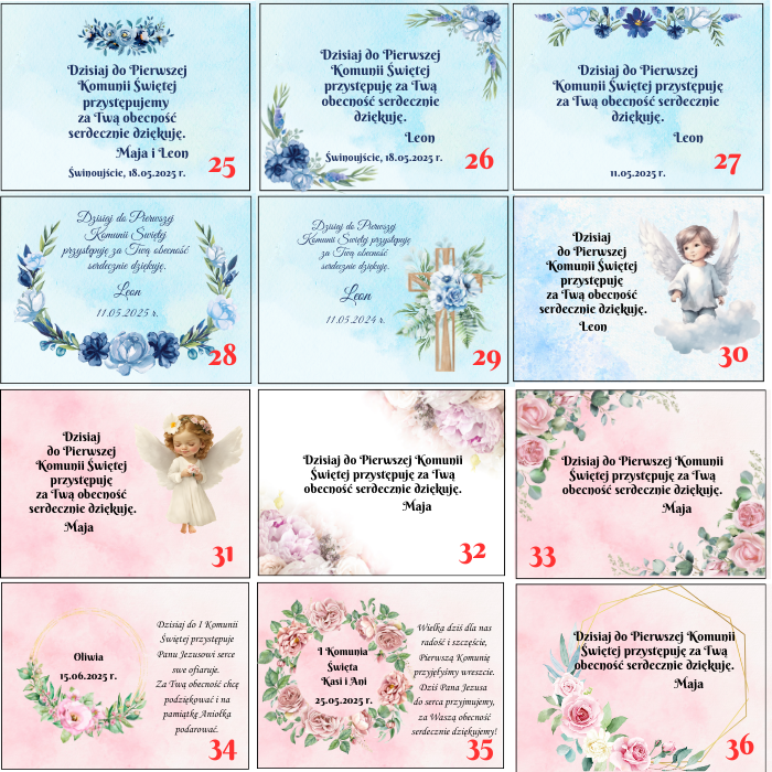 Podziękowanie na komunię niebieski i różowe wzory
