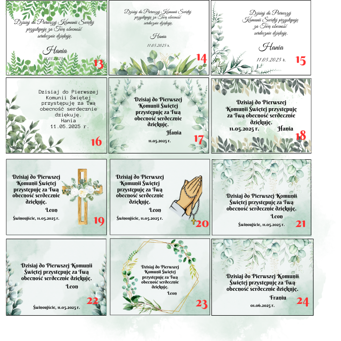 Podziękowanie na komunię zielone wzory 2
