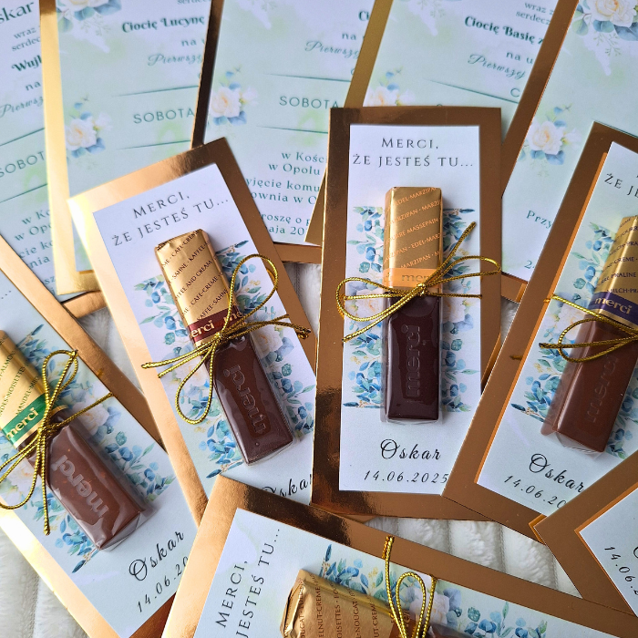 Podziękowanie z czekoladką Merci złote