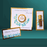 Winietki na stół komunijny spójne z zaproszeniami i podziękowaniami