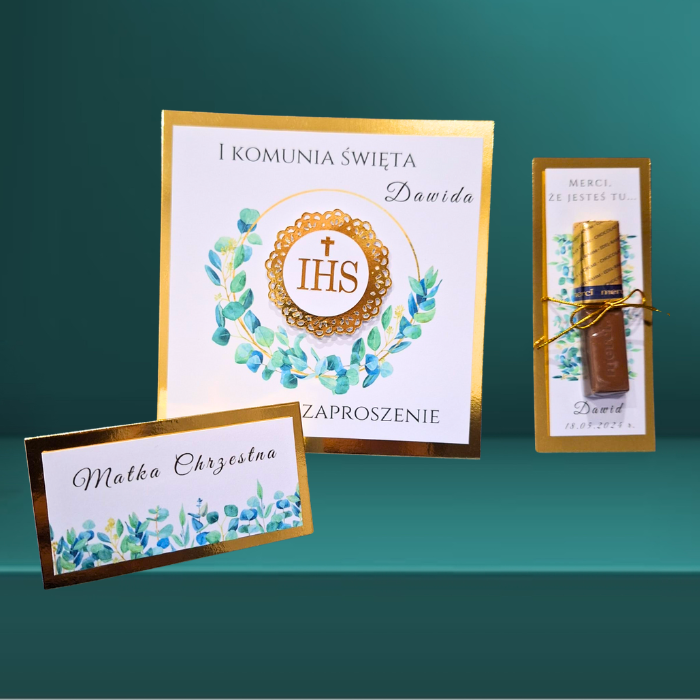 Winietki na stół komunijny spójne z zaproszeniami i podziękowaniami
