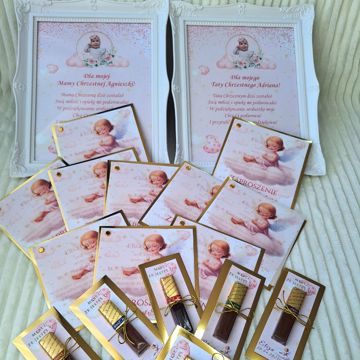 Zaproszenie na urodziny dziecka z kalką z różowym aniołkiem zestaw z podziękowaniem i pamiątką