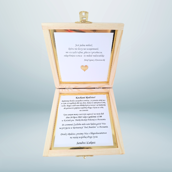 Zaproszenie ślubne w drewnianym pudełku środek