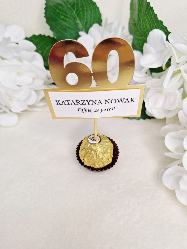 Podziękowanie z cyfrą 60 i pralinką