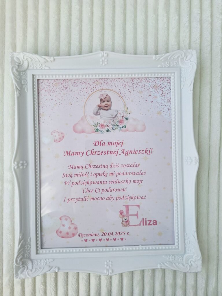 Podziękowanie w białej ramce dla mamy chrzestnej