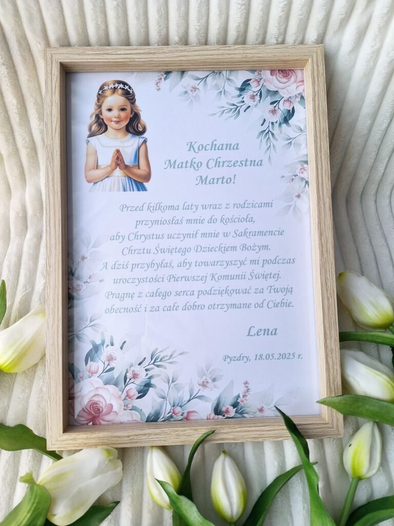 Podziękowanie w drewnianej ramce dla matki chrzestnej