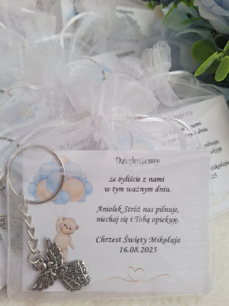 Podziękowanie na chrzest z aniołkiem i misiem