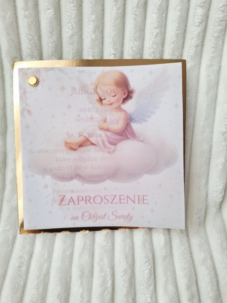Zaproszenie na chrzest z aniołkiem na chmurce
