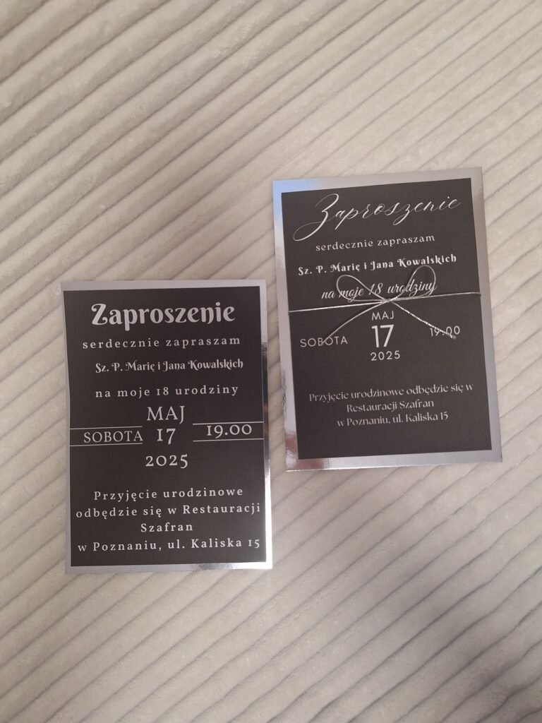 Zaproszenia na 18. urodziny w czerni i srebrze