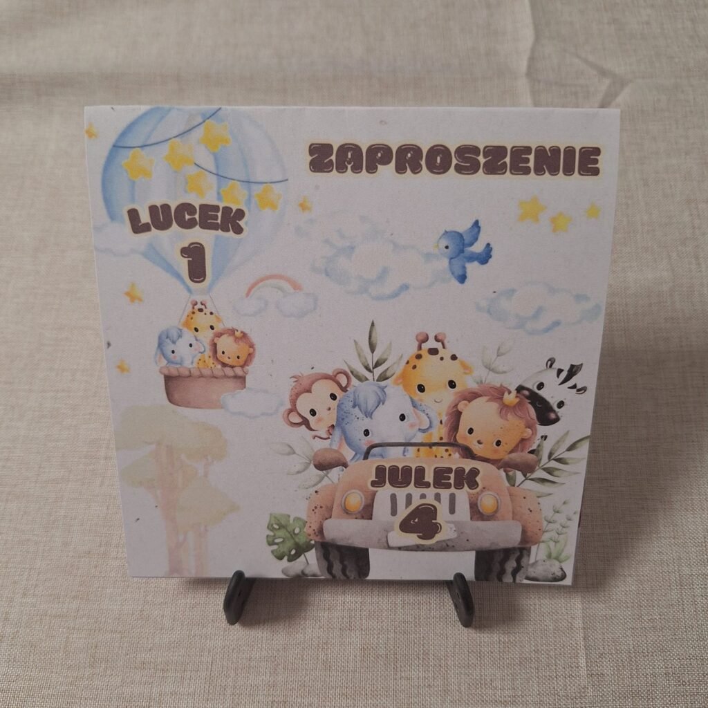 Zaproszenie na urodziny dziecka ze zwierzątkami w samochodzie