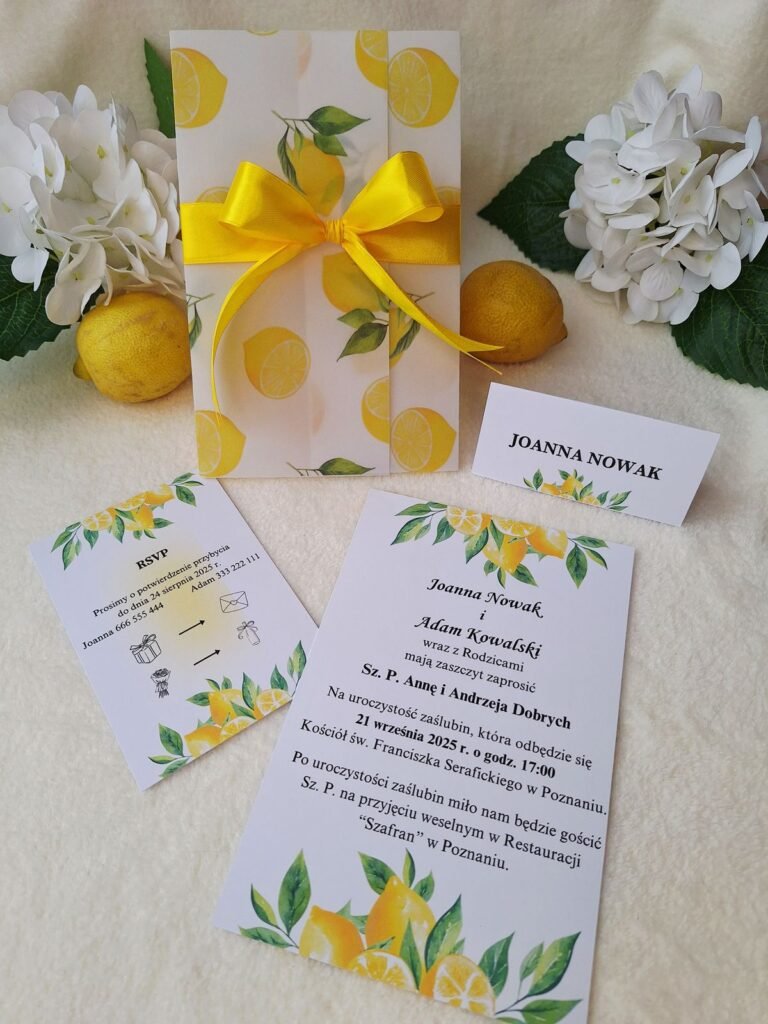 Cytrynowe zaproszenie ślubne z kokardą